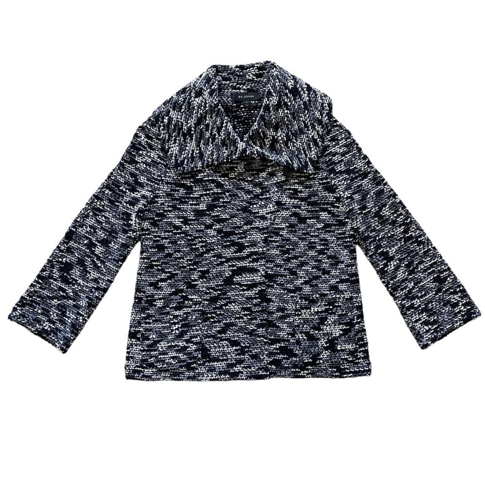 St. John Boucle Knit Black Grey White Collared Sweater Wrap Jacket Pockets 4